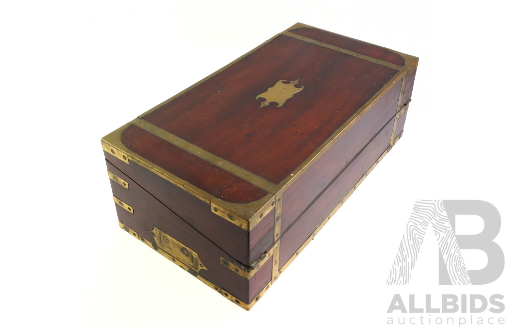 Antique Mahogany Writting Slope with Brass Fittings and Key, as Found