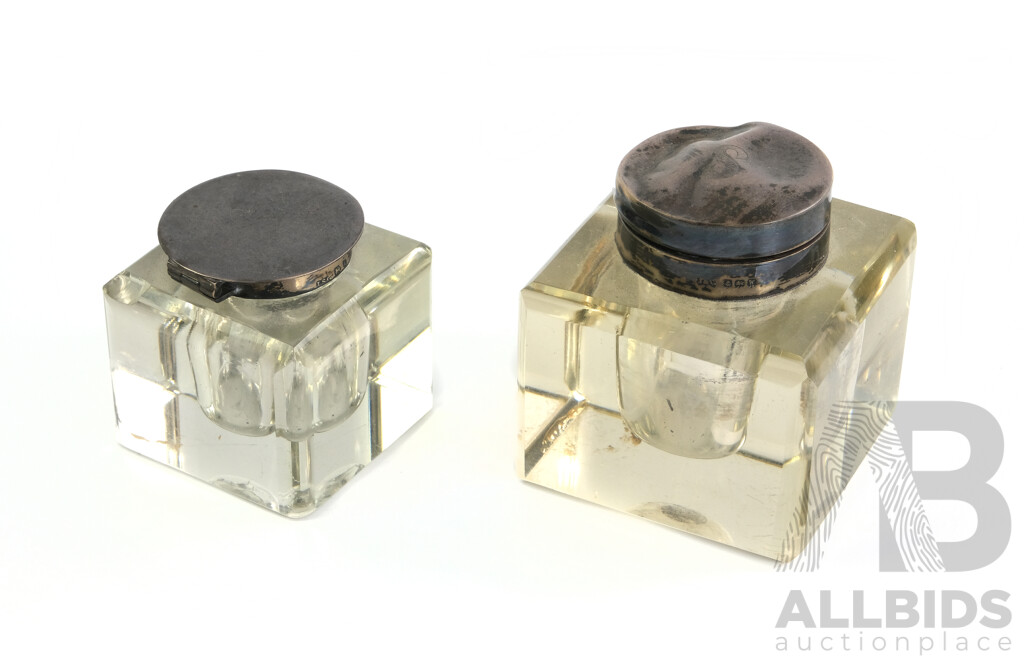 Two Antique Glass Ink Wells with Sterling Silver Lids