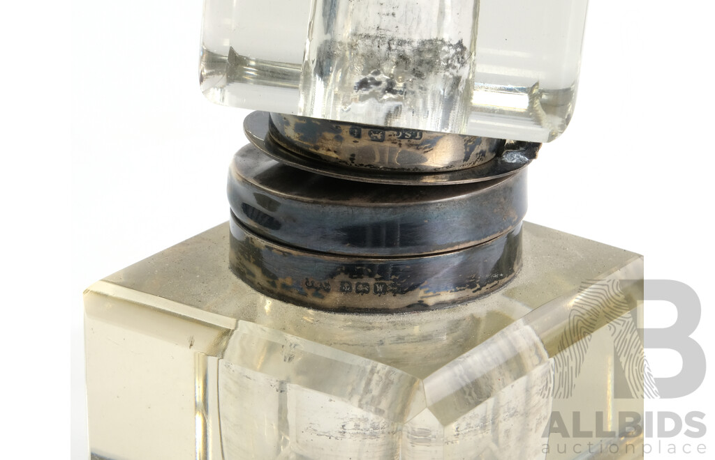 Two Antique Glass Ink Wells with Sterling Silver Lids
