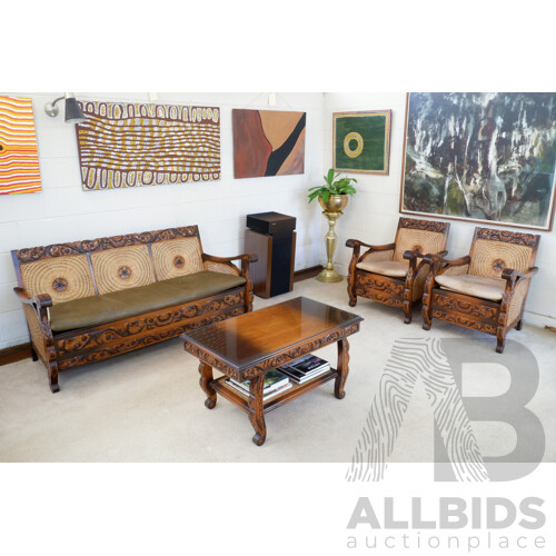 Vintage Indonesian Profusely Carved Three Piece Lounge Suite with Nice Caning, With Matching Coffee Table