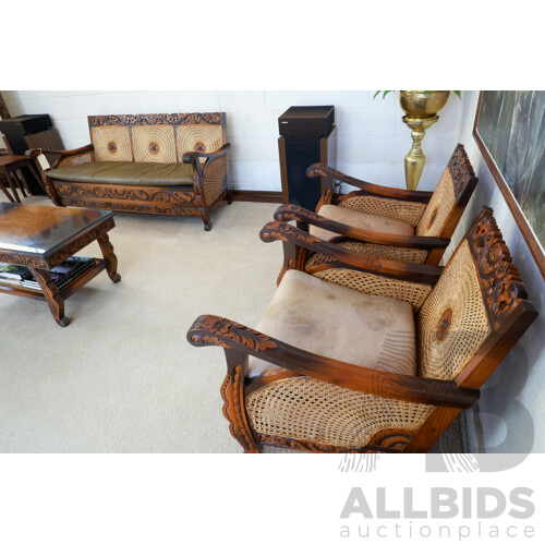 Vintage Indonesian Profusely Carved Three Piece Lounge Suite with Nice Caning, With Matching Coffee Table
