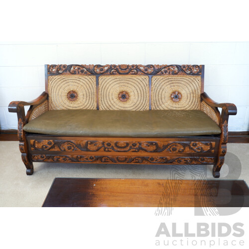 Vintage Indonesian Profusely Carved Three Piece Lounge Suite with Nice Caning, With Matching Coffee Table