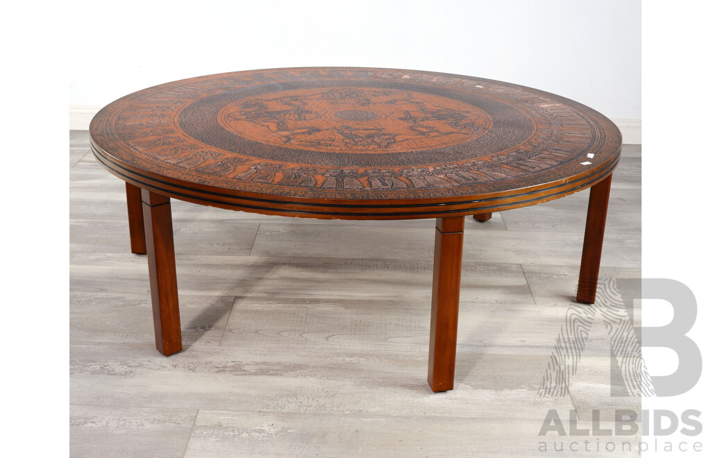 Large Retro Coffee Table with Pressed Copper Surface Decorated with Egyptian Chariots and a Procession