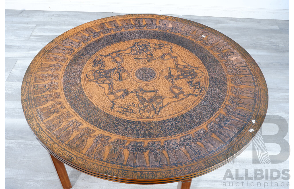 Large Retro Coffee Table with Pressed Copper Surface Decorated with Egyptian Chariots and a Procession