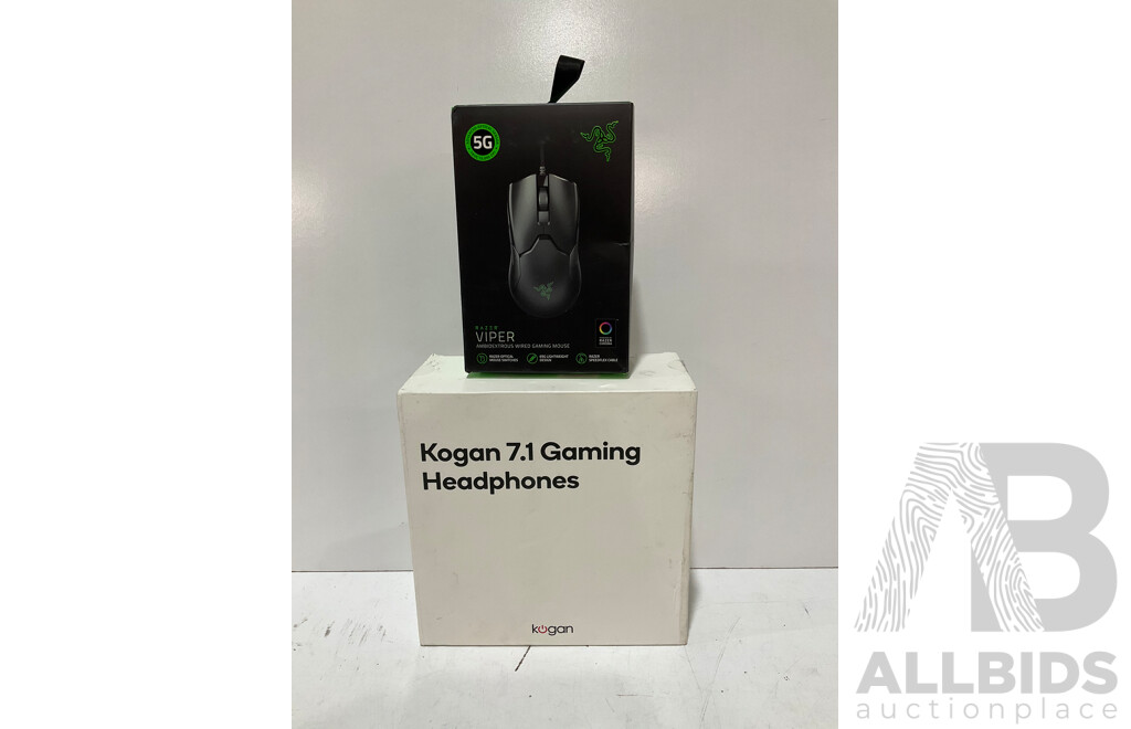 RAZOR VIPER AMBIDEXTROUS WIRED GAMING MOUSE RZ01 and KOGAN 7.1 Gaming Headphones - Lot of 2- Estimated ORP $149.99