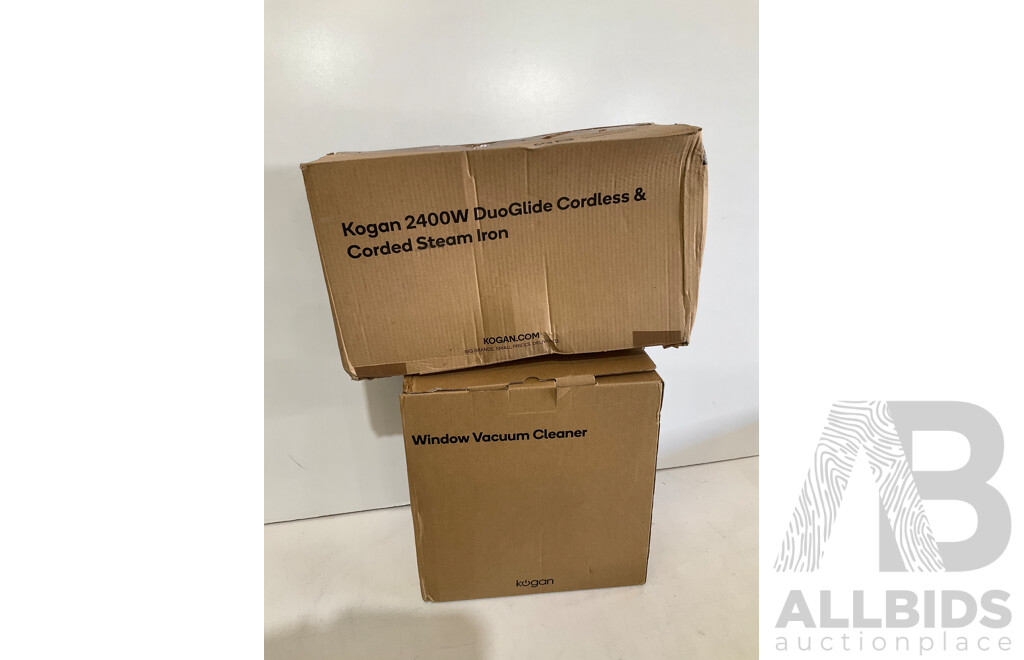 KOGAN 2400W DuoGlide Cordless & Corded Steam Iron, KOGAN Window Vacuum Cleaner - Lot of 2 - Estimated ORP $139.99
