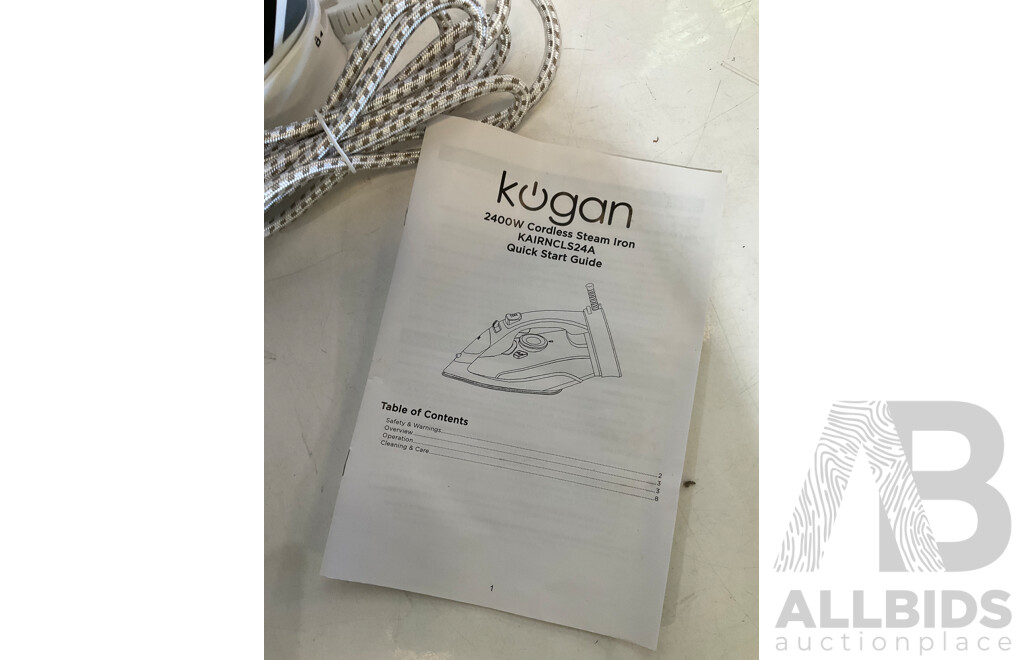 KOGAN 2400W DuoGlide Cordless & Corded Steam Iron, KOGAN Window Vacuum Cleaner - Lot of 2 - Estimated ORP $139.99