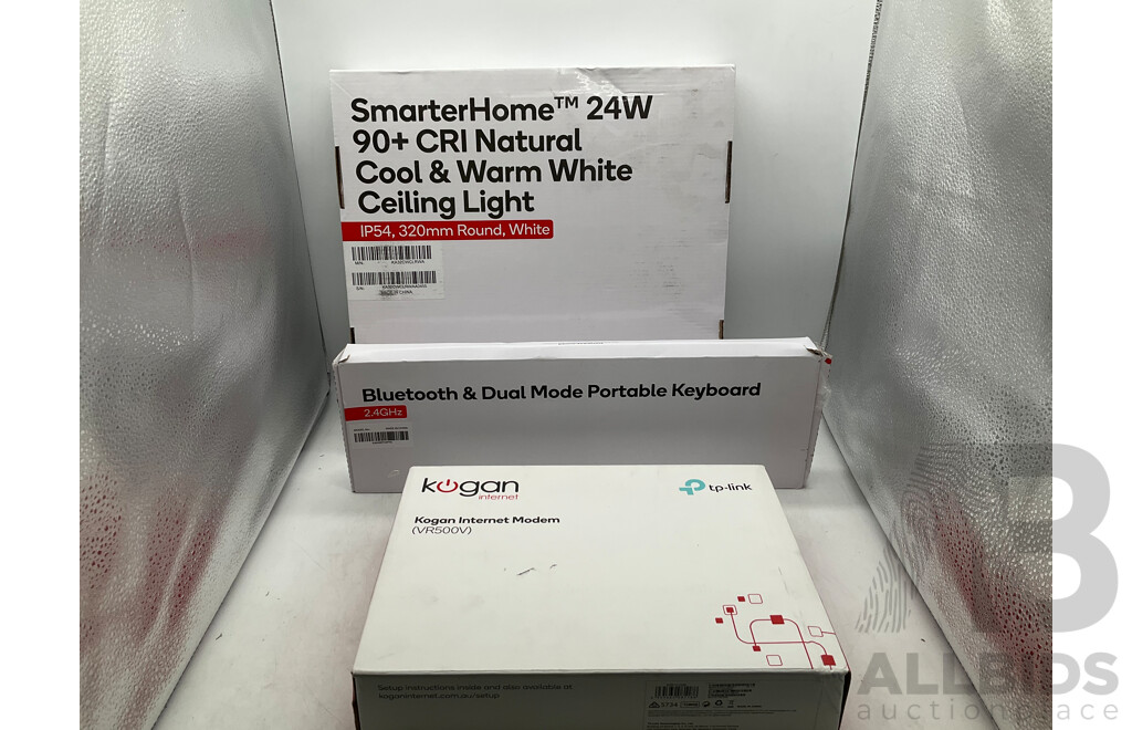 KOGAN SmarterHome White LED Ceiling Light, KOGAN Internet Wireless Modem & Router & KOGAN Bluetooth Portable Keyboard - Lot of 3 - Total ORP $174.99