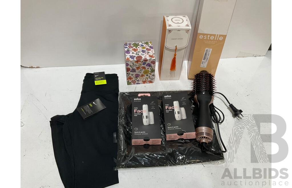 ESTELLE Hot Air Hair Dryer & Vojumizer Brush, BRAUN Face Hair Remover, NIKE XS and Assorted Decoration - Lot of 7 - Estimated ORP $199