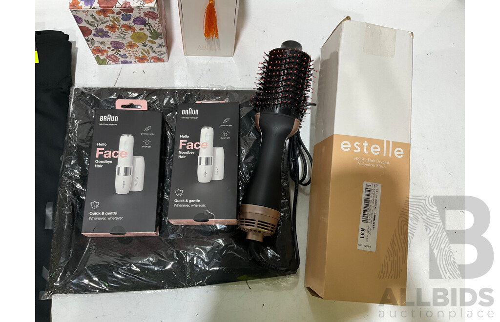 ESTELLE Hot Air Hair Dryer & Vojumizer Brush, BRAUN Face Hair Remover, NIKE XS and Assorted Decoration - Lot of 7 - Estimated ORP $199