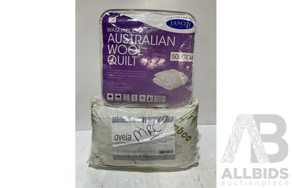 JASON Washable Australian Wool Quilt 500GSM KB, OVELA Bamboo Luxury Memory Foam Pillow 2 Pack - Lot of 2 - Estimated ORP $249