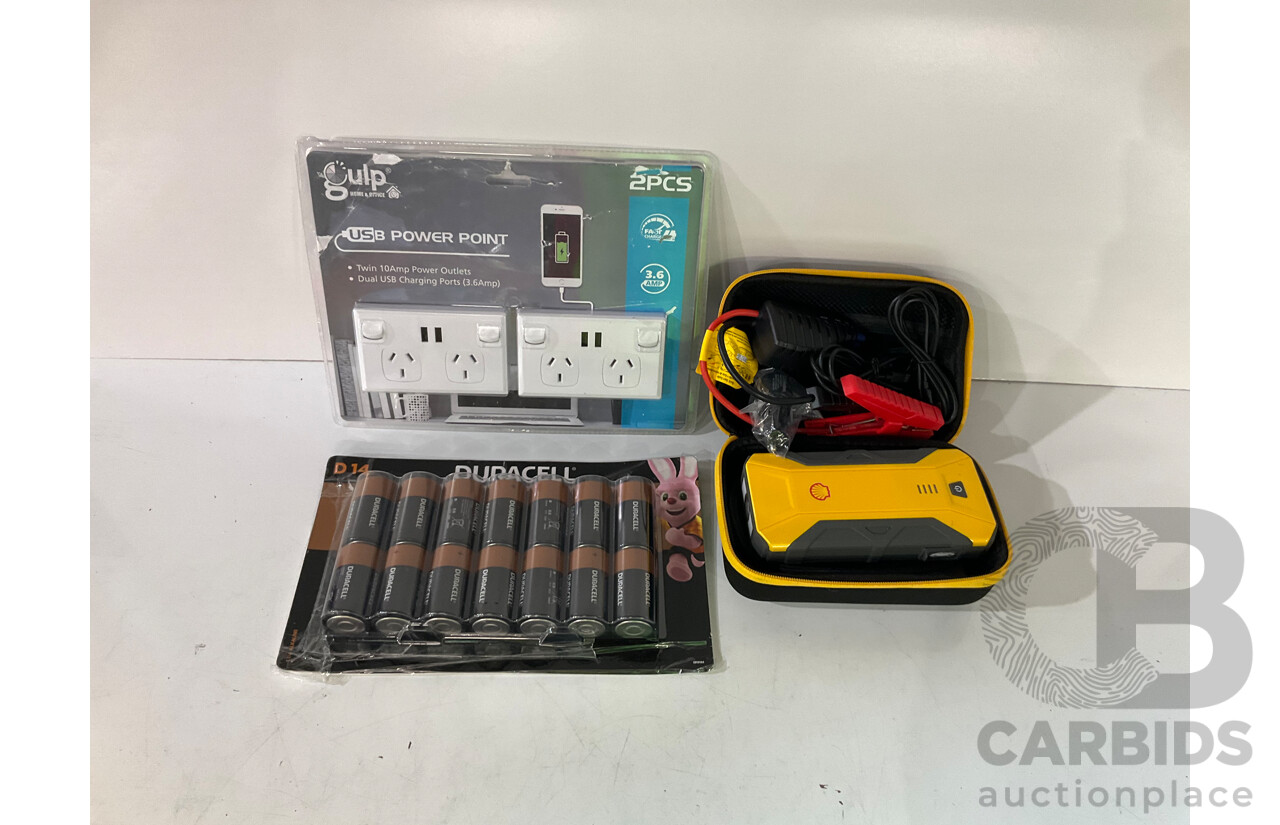SHELL Portable Power Jump Starter, DURACELL Batteries & GULP 2pcs USB Power Point - LOT of 3 - ESTIMATED ORP $180