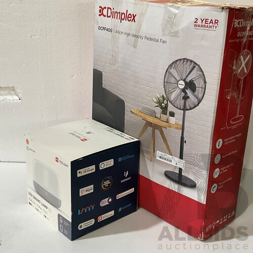 DC DIMPLEX (DCPF40G) High Velocity Pedestal Fan & YEELIGHT (YLCT01YL) LED Smart Lamp D2 - Lot of 2 - Total ORP $199.98