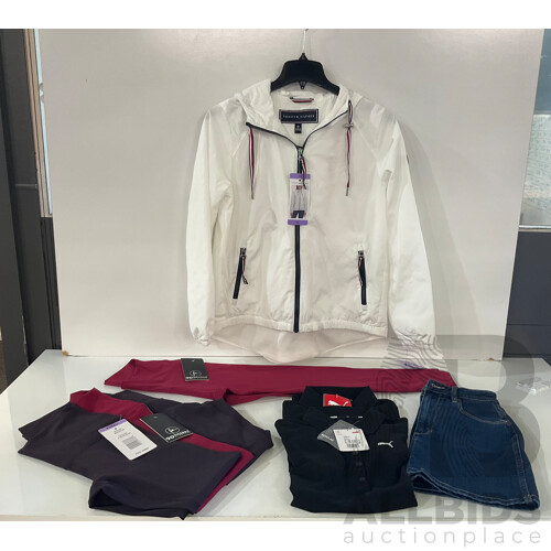 TOMMY HILFIGER Women's Spray Jacket (White - Size XS) - 90 DEGREE (AW70793) Women's Yoga Tights X 4 (Size XS)  & Assorted Women's Clothing - Lot of 8 -  Estimated Total ORP $550.00