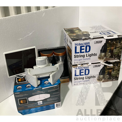 DURACELL Led Lantern - FEIT ELECTRIC Led String Lights X 2 - SUNFORCE Solar Motion Security Light - Lot of 4 - Total ORP $339.96