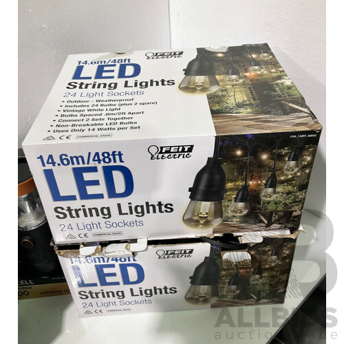 DURACELL Led Lantern - FEIT ELECTRIC Led String Lights X 2 - SUNFORCE Solar Motion Security Light - Lot of 4 - Total ORP $339.96