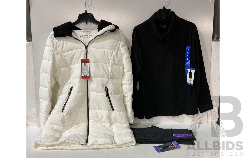 CALVIN KLEIN (107375) Sorona Aura White Women's Puffa Jacket (Size M) - 32 Degrees Heat Sweatshirt (Size L - Black) & Leggings - Lot of 3 - Estimated Total ORP $200.00