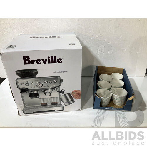 BREVILLE (BES875BSS) Express Coffee Machine, ROYAL DOULTON Pacific Mint Mugs - Lot of 2 - Total ORP $709.00  