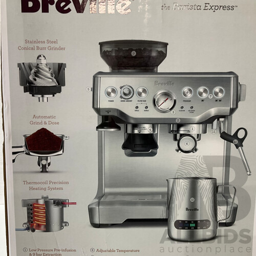BREVILLE (BES875BSS) Express Coffee Machine, ROYAL DOULTON Pacific Mint Mugs - Lot of 2 - Total ORP $709.00  
