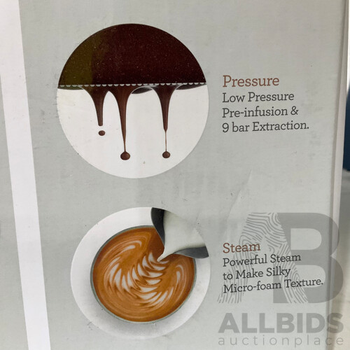 BREVILLE (BES875BSS) Express Coffee Machine, ROYAL DOULTON Pacific Mint Mugs - Lot of 2 - Total ORP $709.00  