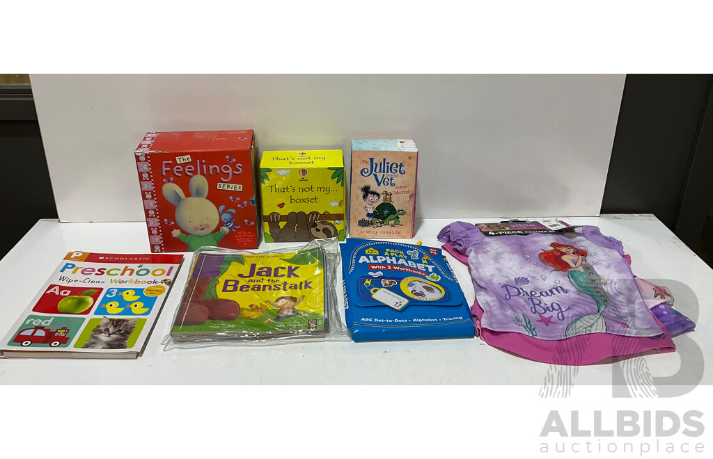 TRACEY MORONEY - the Feelings Series (10 Books), REBECCA JOHNSON - the Juliet Nearly a Vet (12 Books) & Assorted Children's Books & Clothes - Lot of 7 - Estimated Total ORP $199.99
