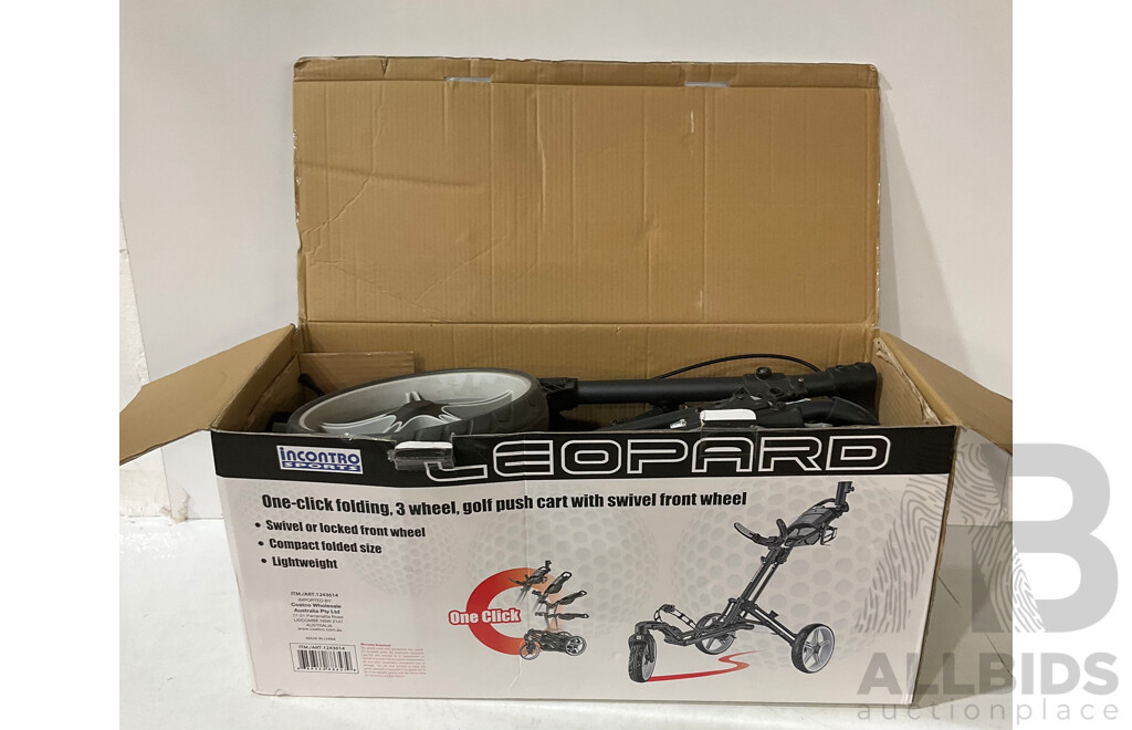 INCONTRO Sports Leopard 3 Wheel Golf Push Cart With Swivel Front Wheel / Kirkland Singature 4 Pack of Gold Gloves Size Small - Total ORP  $244.98