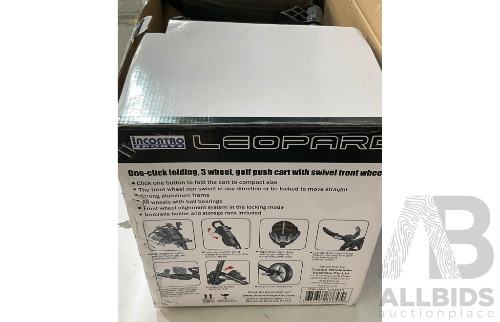 INCONTRO Sports Leopard 3 Wheel Golf Push Cart With Swivel Front Wheel / Kirkland Singature 4 Pack of Gold Gloves Size Small - Total ORP  $244.98