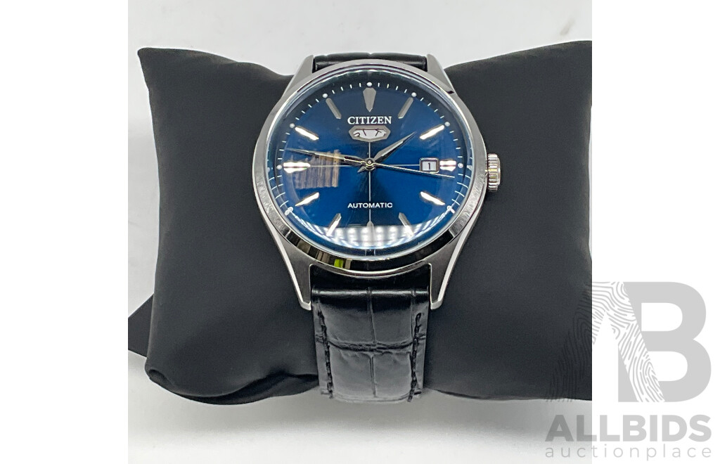 CITIZEN (NH8390-20L) C7 Series 40MM Hardened Mineral Glass Automatic Blue Faced Watch With Black Leather Strap ORP $475.00