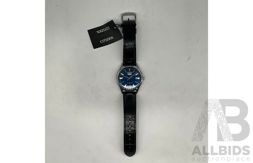 CITIZEN (NH8390-20L) C7 Series 40MM Hardened Mineral Glass Automatic Blue Faced Watch With Black Leather Strap ORP $475.00
