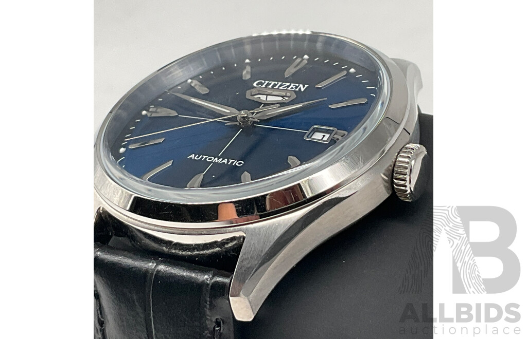 CITIZEN (NH8390-20L) C7 Series 40MM Hardened Mineral Glass Automatic Blue Faced Watch With Black Leather Strap ORP $475.00