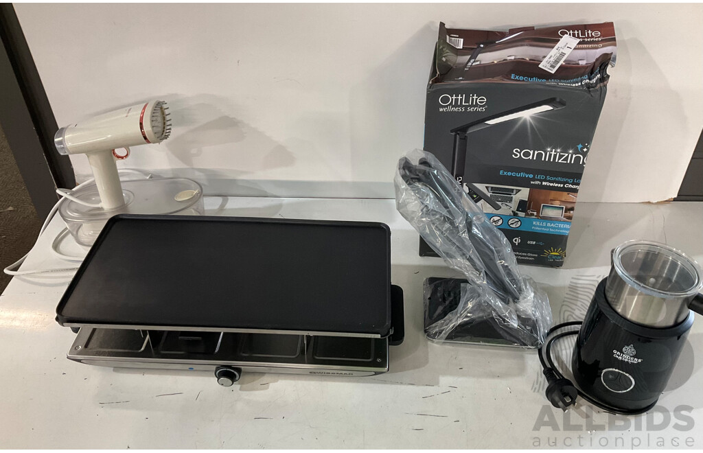 SWISSMAR Raclette Party Grill & OTTLITE Executive LED Sanitizing Lamp (Black) & GRINDERS Milk Frother & Morphy Richards  Portable Garment Steamer - Lot of 4 - Estimated Total ORP $329.99