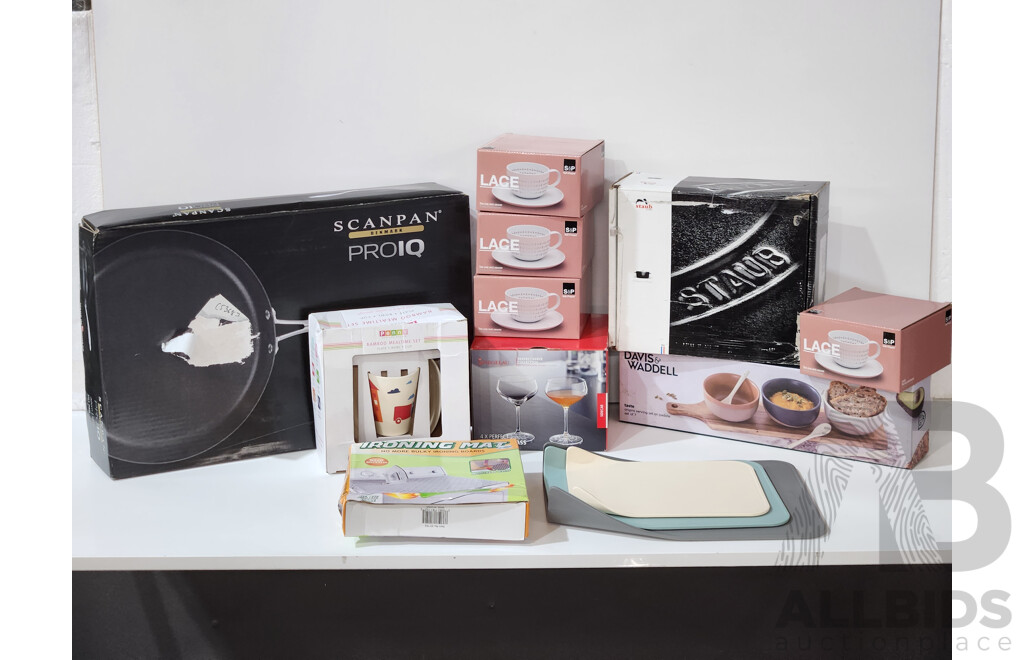 Assorted Lot of Kitchenware - Including: Scanpan Fry Pan, S&P Tea Cup & Saucer Sets, Staub Cocotte Pot and More - Lot of 11 - Estimated Total ORP $962