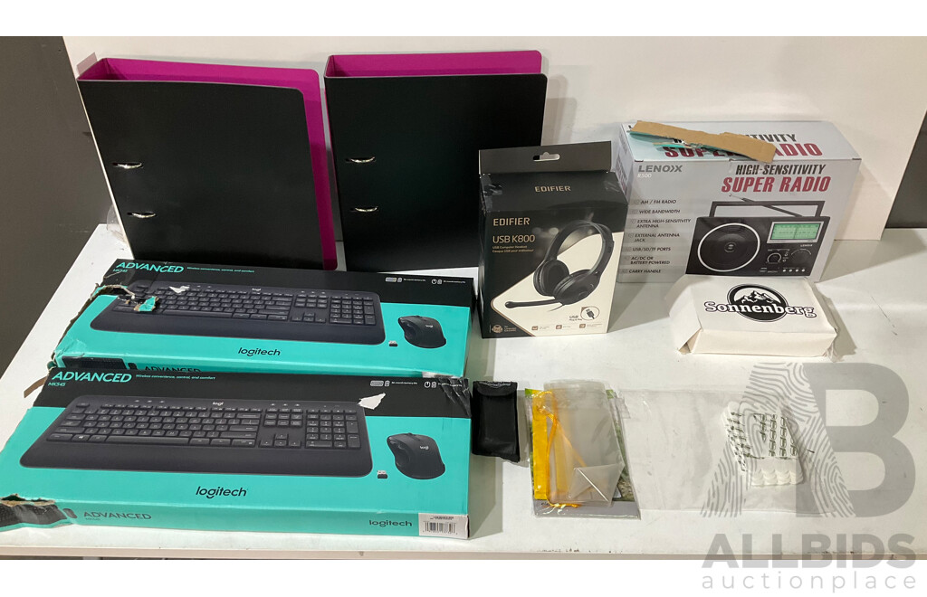 LOGITECH MK545 Advanced Wireless Keyboard & Mouse Combo (X2), EDIFIER USB K800 Headphones, LENOXX Super Radio & Assorted Items - Lot of 10 - Estimated Total ORP $500.00
