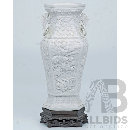 Antique Chinese Moulded Hexagonal Section Dehua Vase with Carved Hardwood Stand, Qing Dynasty