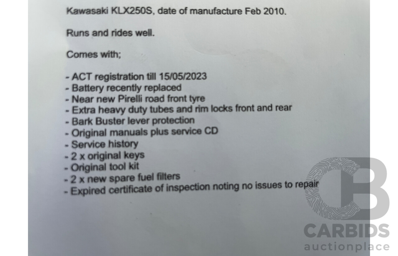 2/2010 Kawasaki KLX250S 249cc Motor Bike