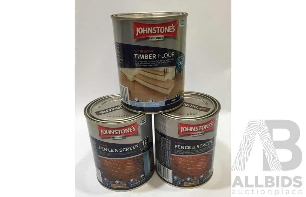 Johnstone's 1L Exterior Fence & Screen and Clear Satin Slip Resistant Timber Floor Finish - Lot of 12 - Total ORP $840.00