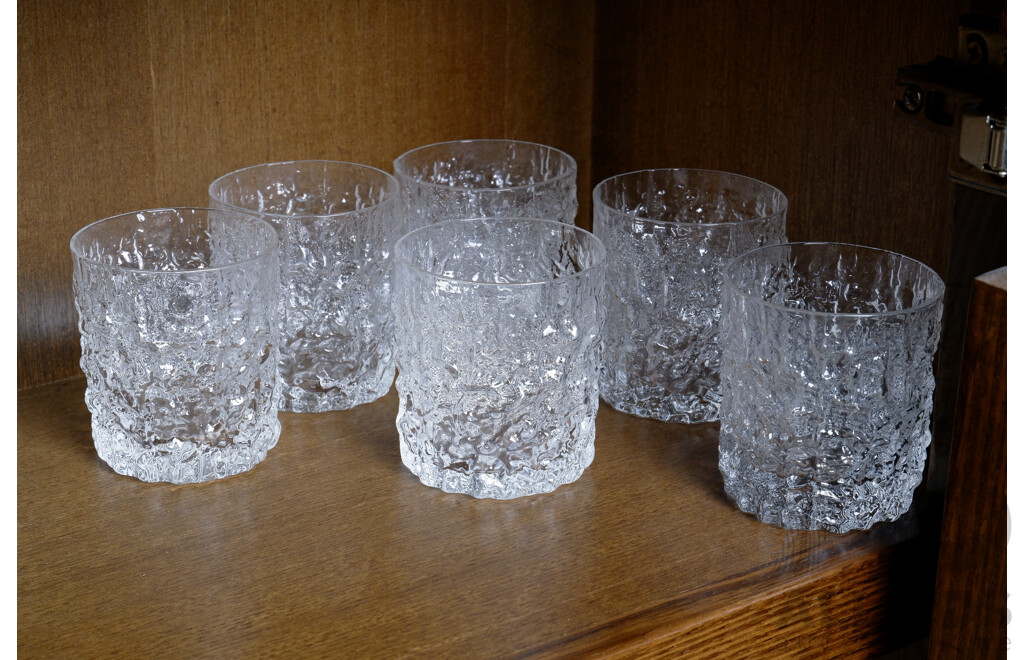 Six Mid Century Bark Patten Glass Tumblers