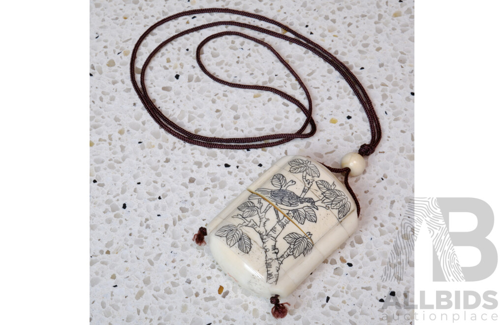 Japanese Carved Bone Inro Carved with Bird and Tree Motif and Nude Woman Verso