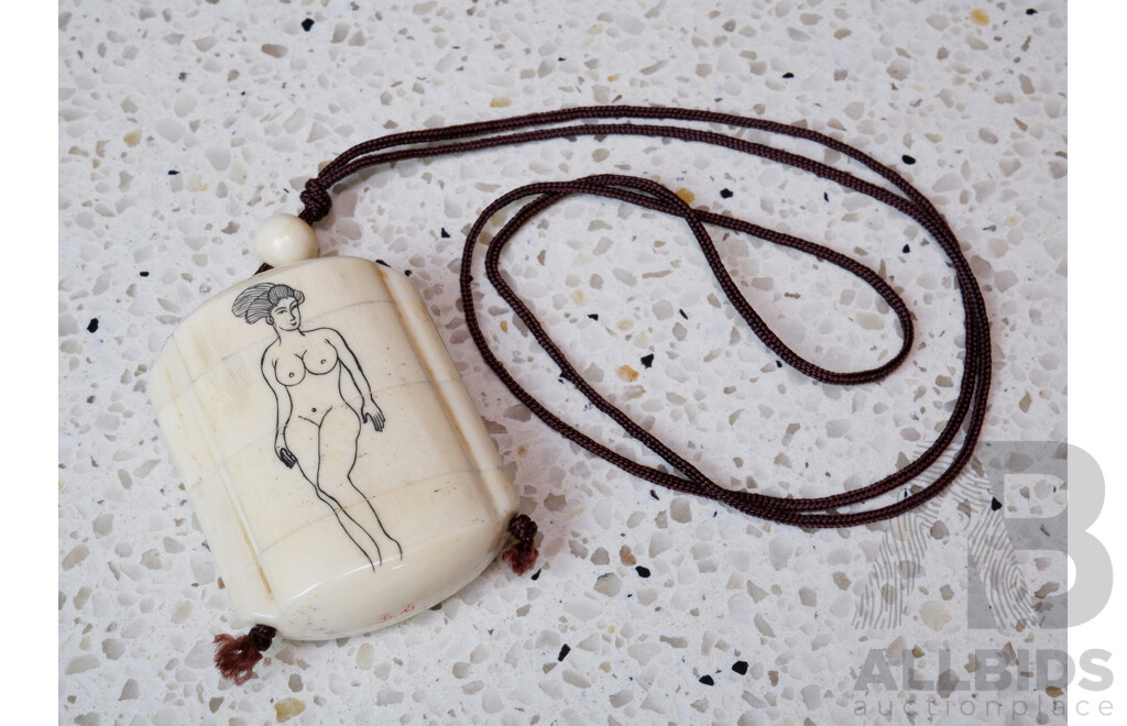 Japanese Carved Bone Inro Carved with Bird and Tree Motif and Nude Woman Verso