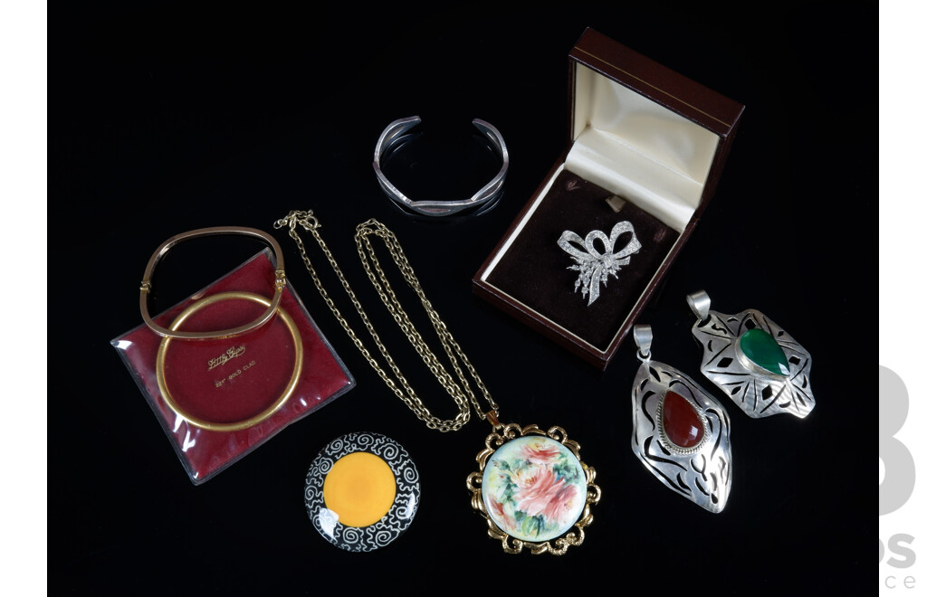 Two Australian Signed Ceramic Brooches, La Greda and K Drok, 22ct Gold Clad Bangle, Marcasite Brooch and More 