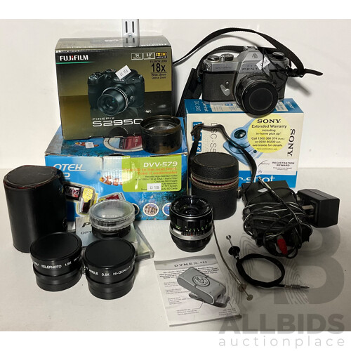 Collection of Two Cameras in Original Boxes - Sony Cybershot DSC-S500, Fujifilm Finepix S2950 and an Otek HD Underwater Video Camera in Original Box, Plus Various Lenses and a Vintage Asahi Spotmatic Pentax Camera and More