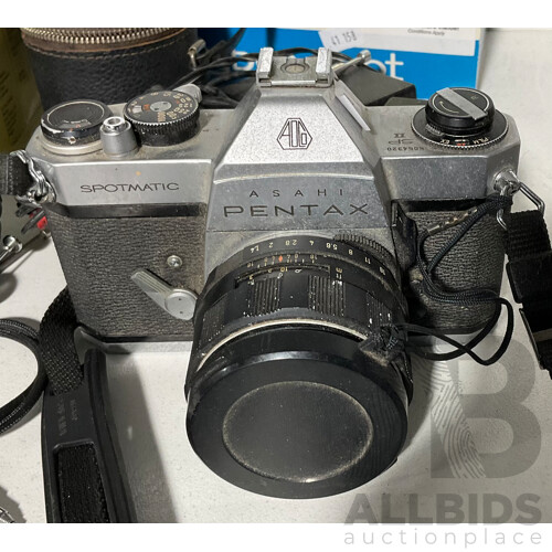 Collection of Two Cameras in Original Boxes - Sony Cybershot DSC-S500, Fujifilm Finepix S2950 and an Otek HD Underwater Video Camera in Original Box, Plus Various Lenses and a Vintage Asahi Spotmatic Pentax Camera and More