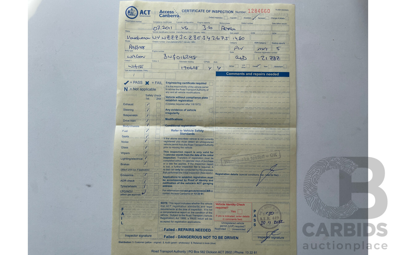 7/2011 Volkswagen Passat V6 FSI Highline 3C MY11 4d Wagon White 3.6L