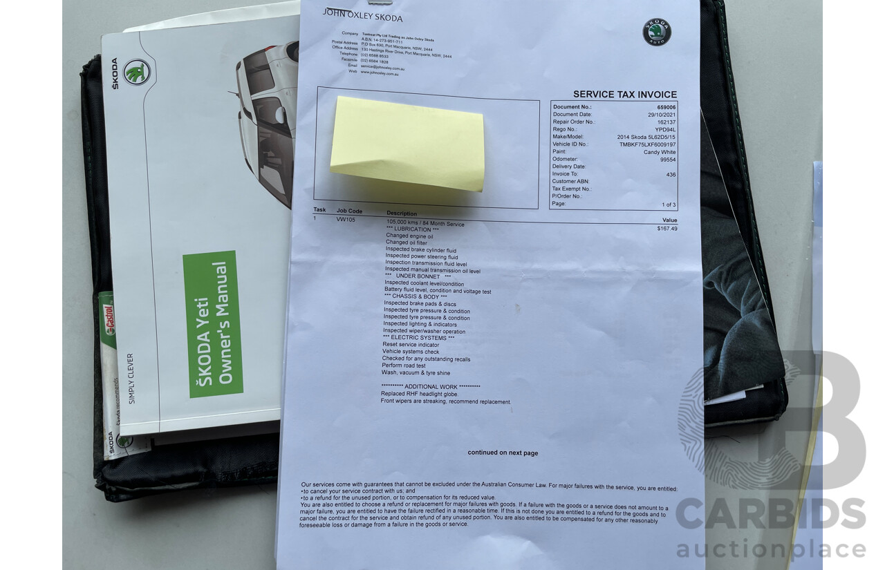 1/2015 Skoda Yeti Active 77 TSI (4x2) 5L MY15 4d Wagon White 1.2L