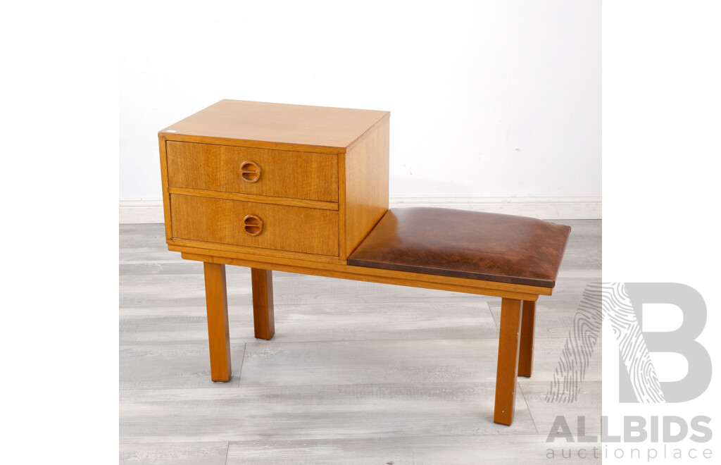 Mid Century Teak and Blown Vinyl Telephone Table with Cat Eye Handles, Probably Parker