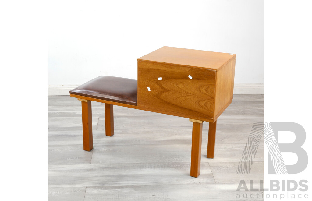 Mid Century Teak and Blown Vinyl Telephone Table with Cat Eye Handles, Probably Parker