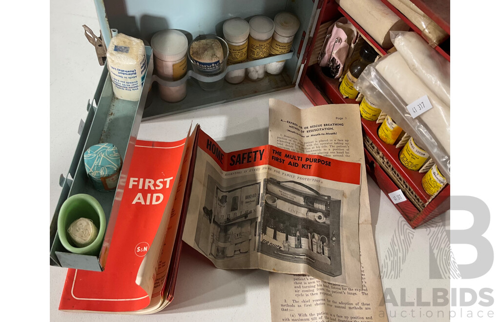 Vintage Home Safety First Aid Kit - Metal Box Designed to Hang on Wall, Complete With Manual, Bandages, Antiseptic, Salt Tablets Etc and More
