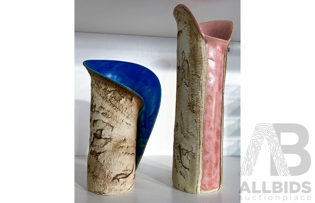 Two Hand Made Australian Studio Pottery Vases by Maurice Taylor, Caloundra, Marked to Base