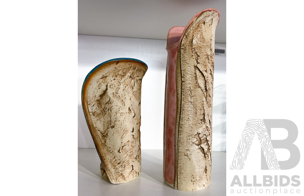 Two Hand Made Australian Studio Pottery Vases by Maurice Taylor, Caloundra, Marked to Base