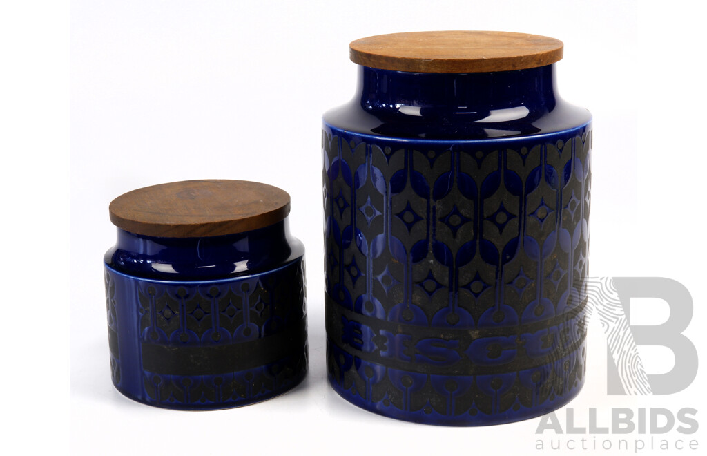 Two Vintage English Hornsea Cobalt Blue Glazed Ceramic Jars, Biscuits and Coffee